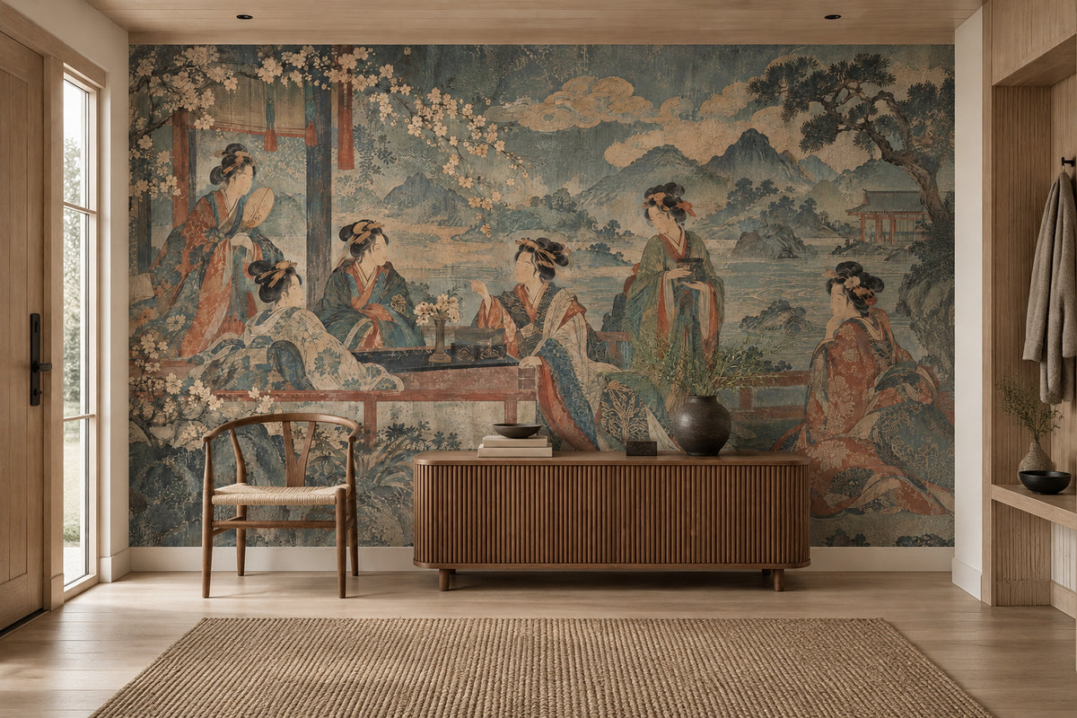 Kimono Figures Wallpaper Mural Vintage Inspired Japanese Landscape