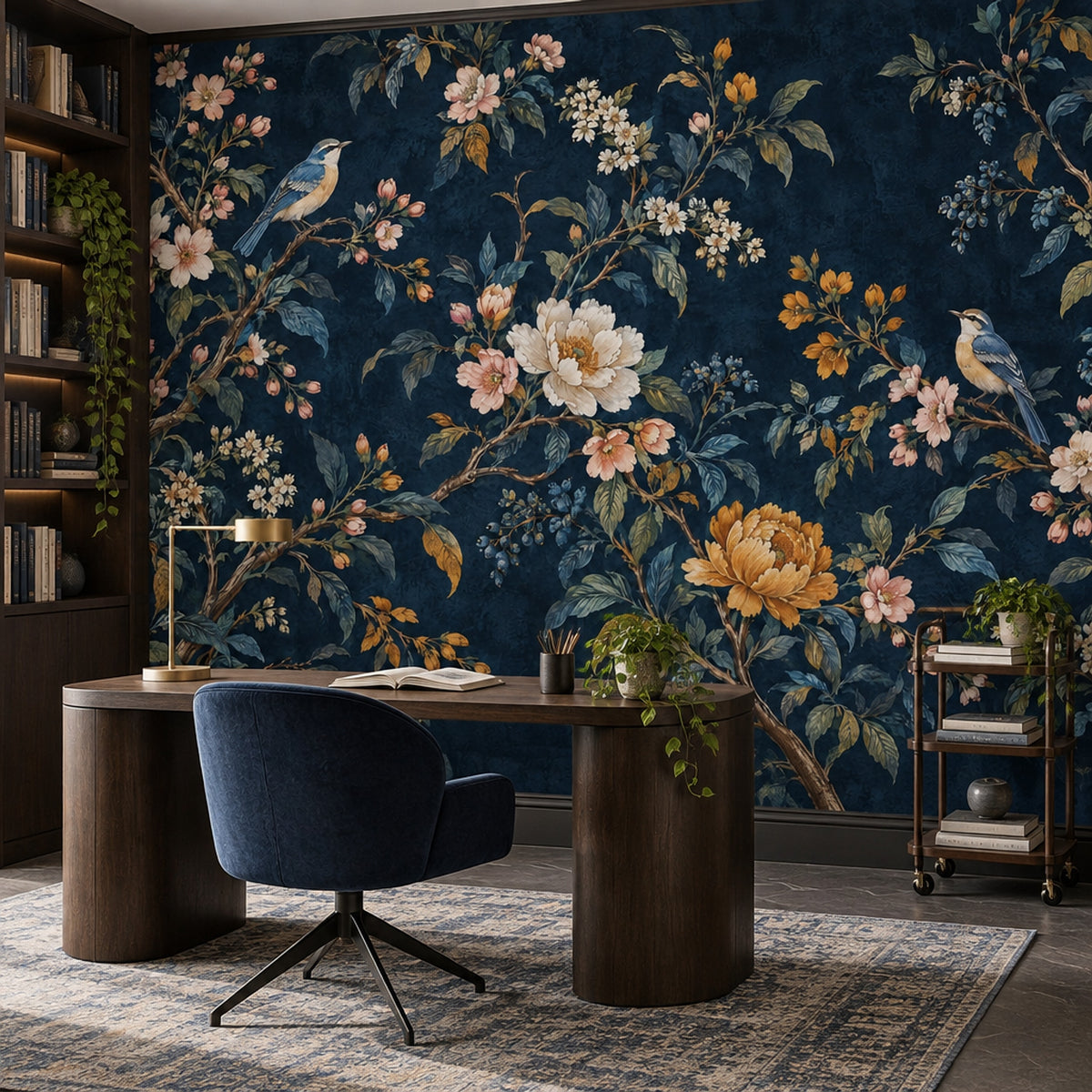 Birds And Blossom Branches Wallpaper Mural Navy Chinoiserie Dark Floral