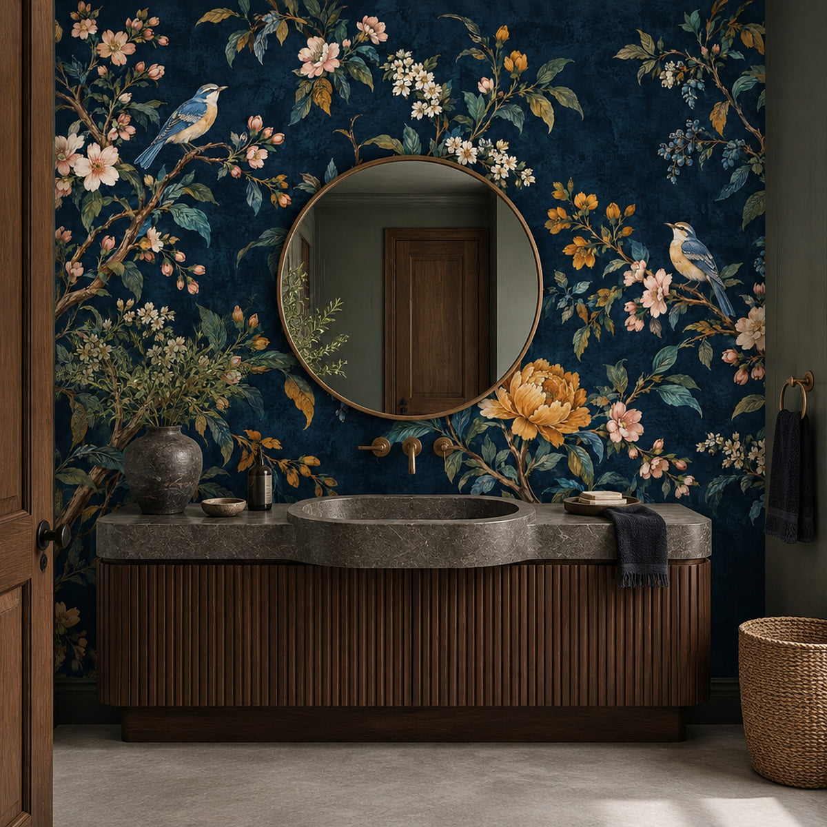 Birds And Blossom Branches Wallpaper Mural Navy Chinoiserie Dark Floral