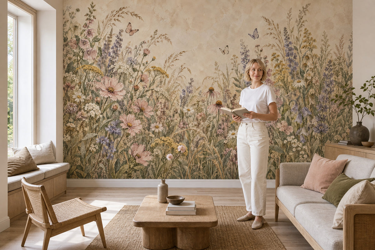 Wildflower Meadow Wallpaper Mural Watercolor Floral On Beige