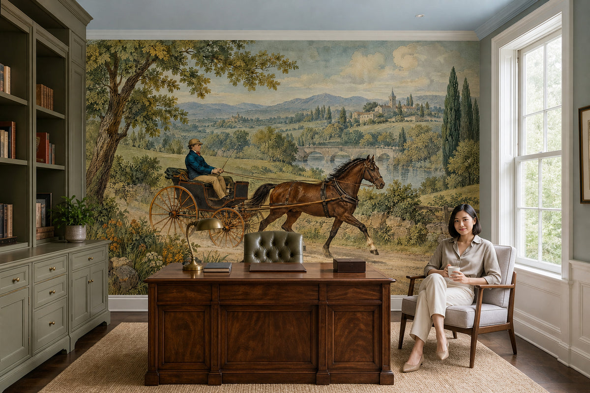 Horse Drawn Carriage Landscape Wallpaper Mural Muted Green Vintage Inspired