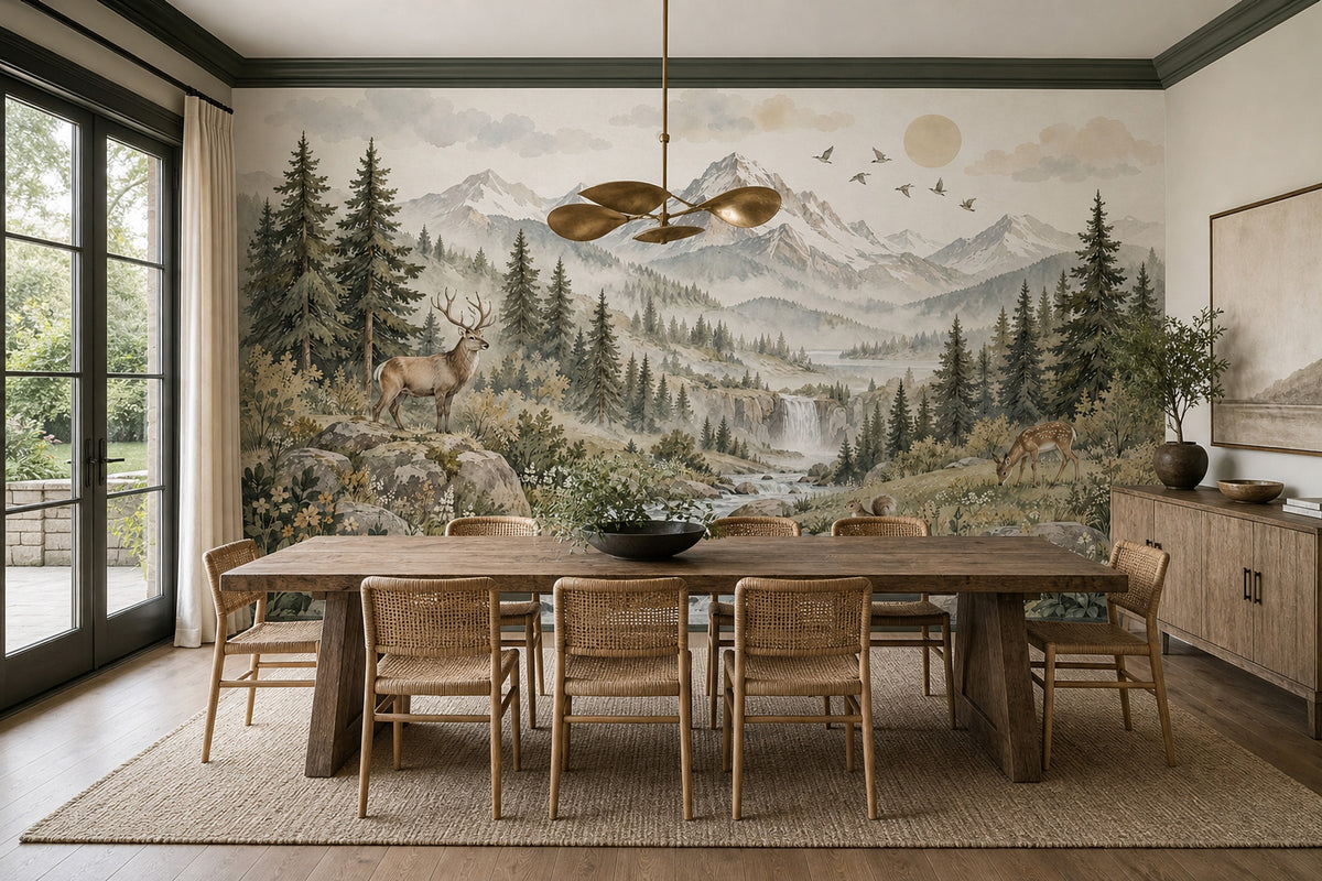 Deer And Waterfall Mountain Wallpaper Alpine Woodland Wall Mural