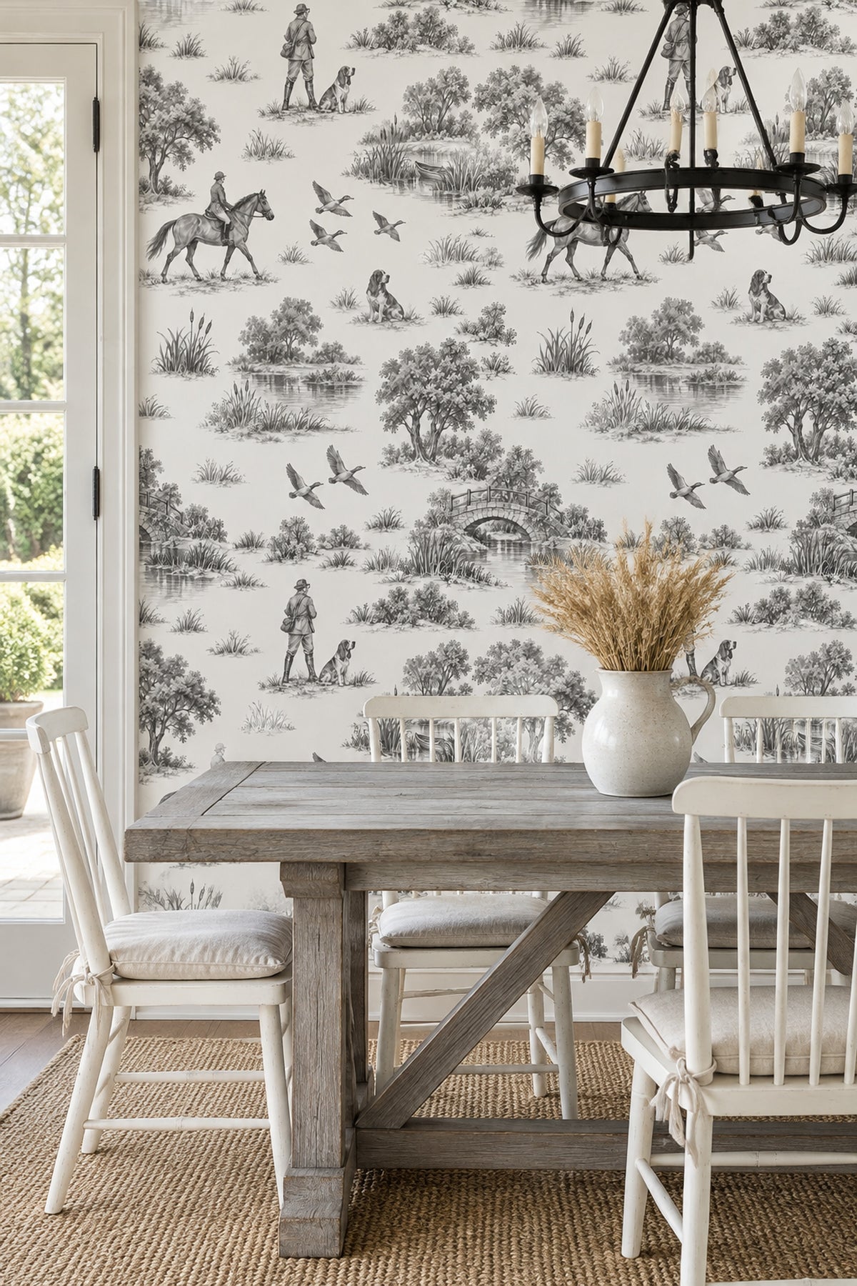 Rider And Hunting Dogs Toile Wallpaper Gray On White Background