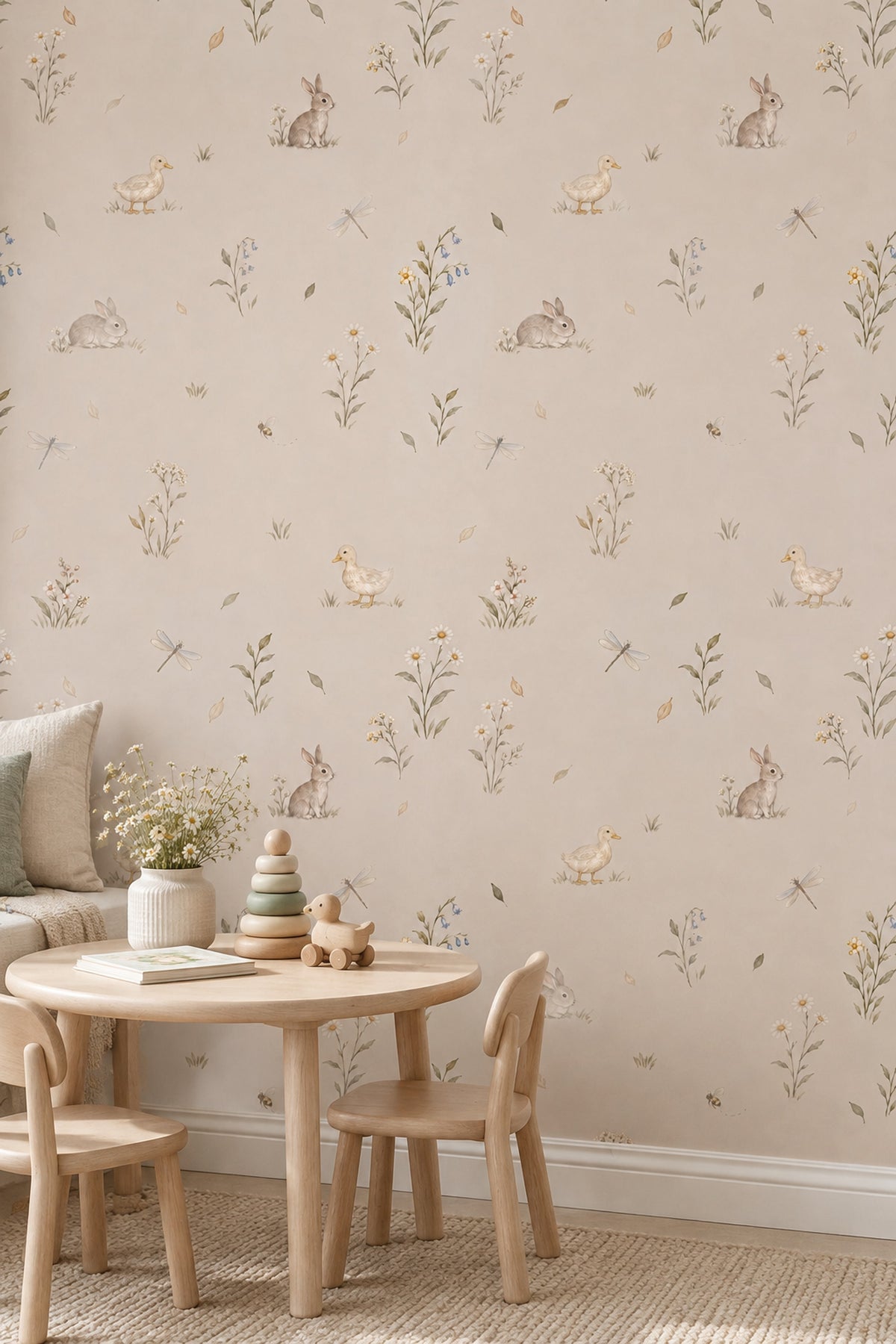 Watercolor Rabbits Wallpaper Soft Beige Woodland Animals Pattern