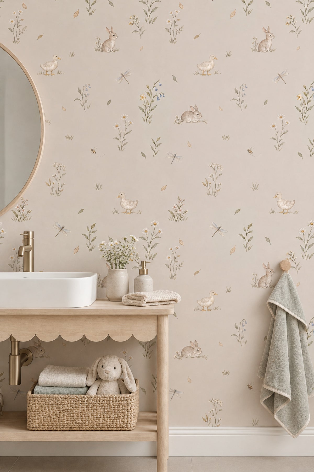 Watercolor Rabbits Wallpaper Soft Beige Woodland Animals Pattern
