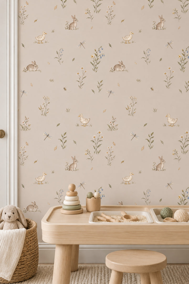 Watercolor Rabbits Wallpaper Soft Beige Woodland Animals Pattern