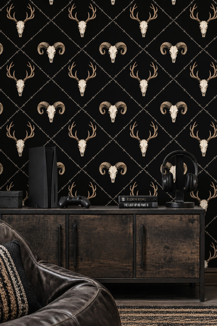 Deer And Ram Skull Wallpaper Solid Black Gothic Repeat