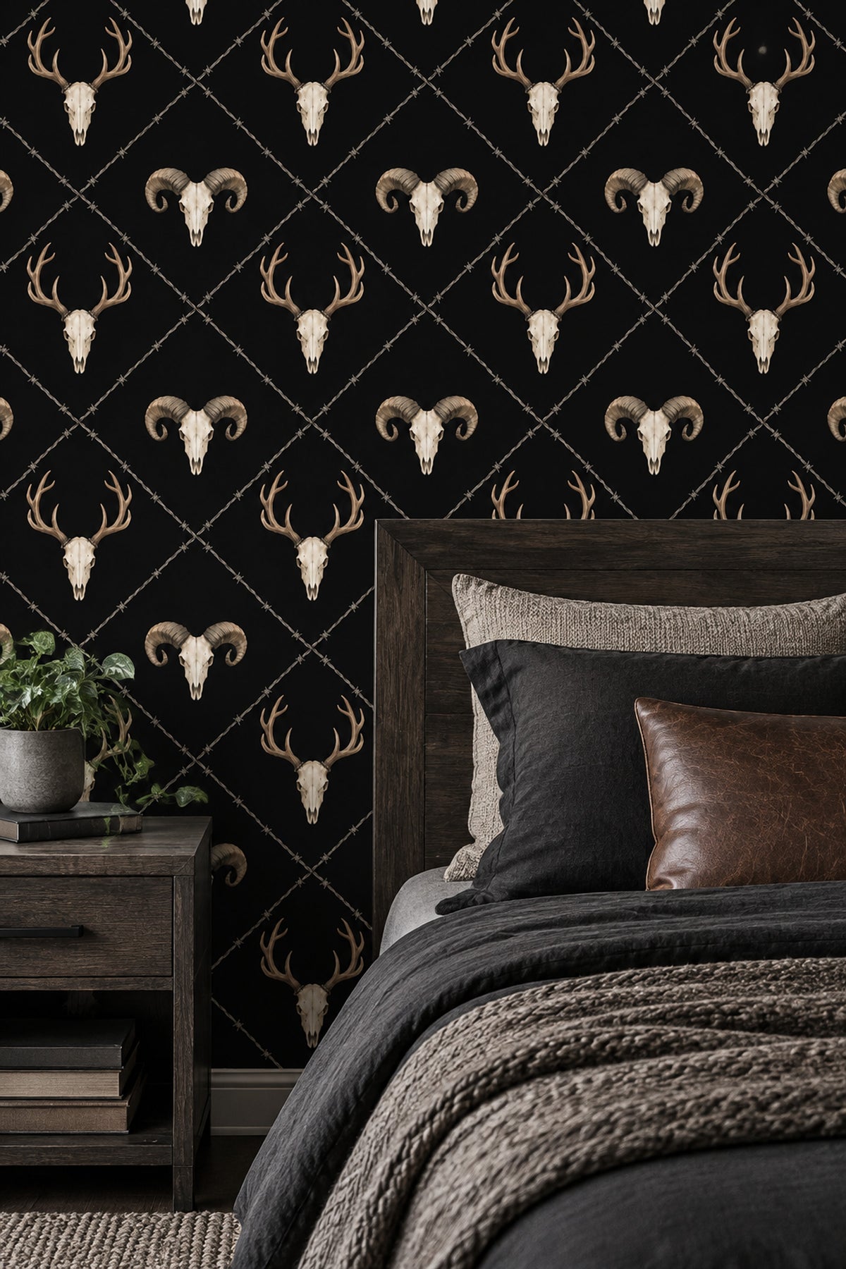 Deer And Ram Skull Wallpaper Solid Black Gothic Repeat