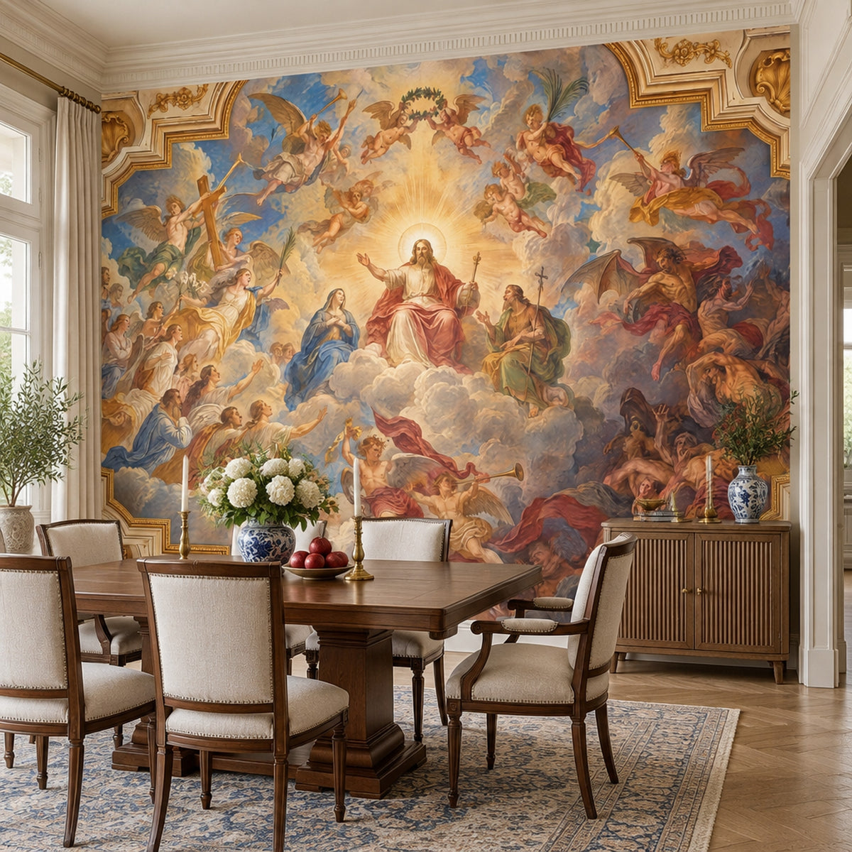 Jesus And Angels Baroque Fresco Wallpaper Mural: Ornate Gold Frame