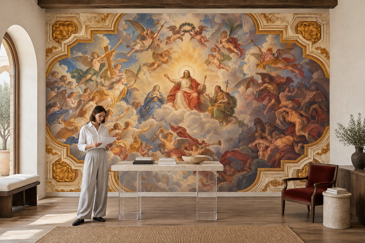 Jesus And Angels Baroque Fresco Wallpaper Mural: Ornate Gold Frame