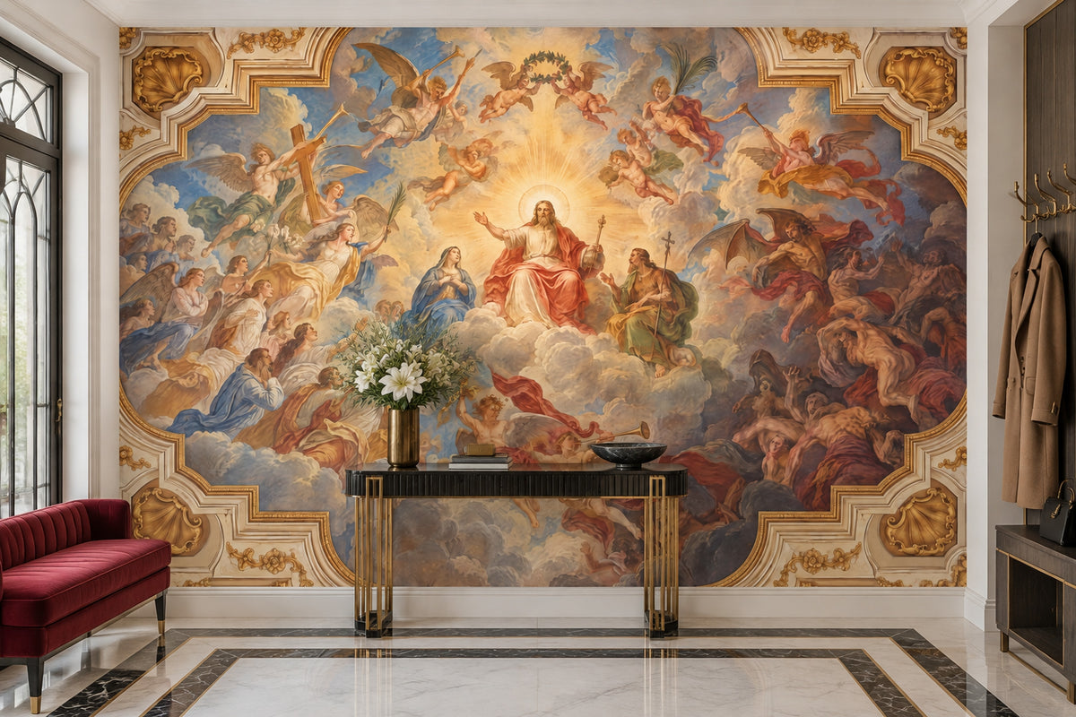 Jesus And Angels Baroque Fresco Wallpaper Mural: Ornate Gold Frame