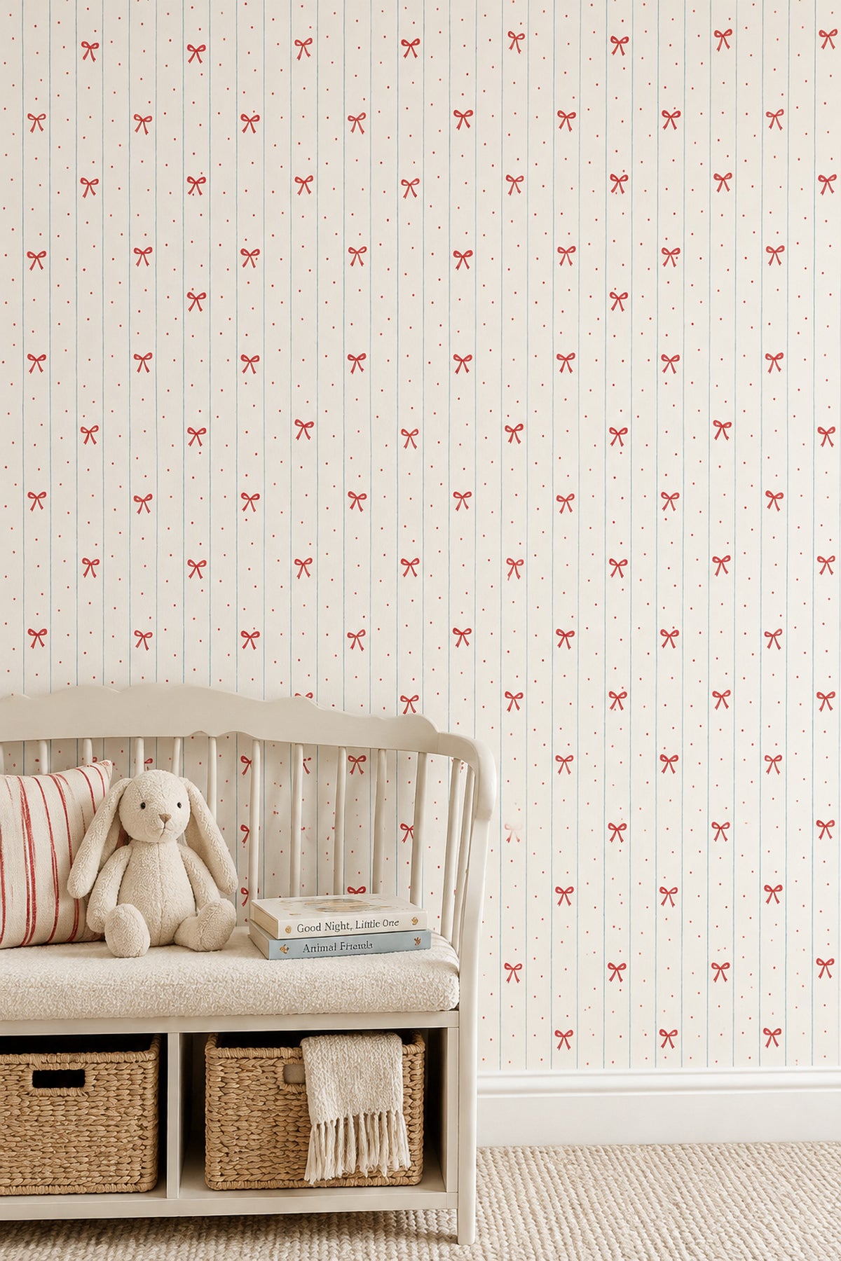 Red Bows Wallpaper With Blue Vertical Stripes And Polka Dots