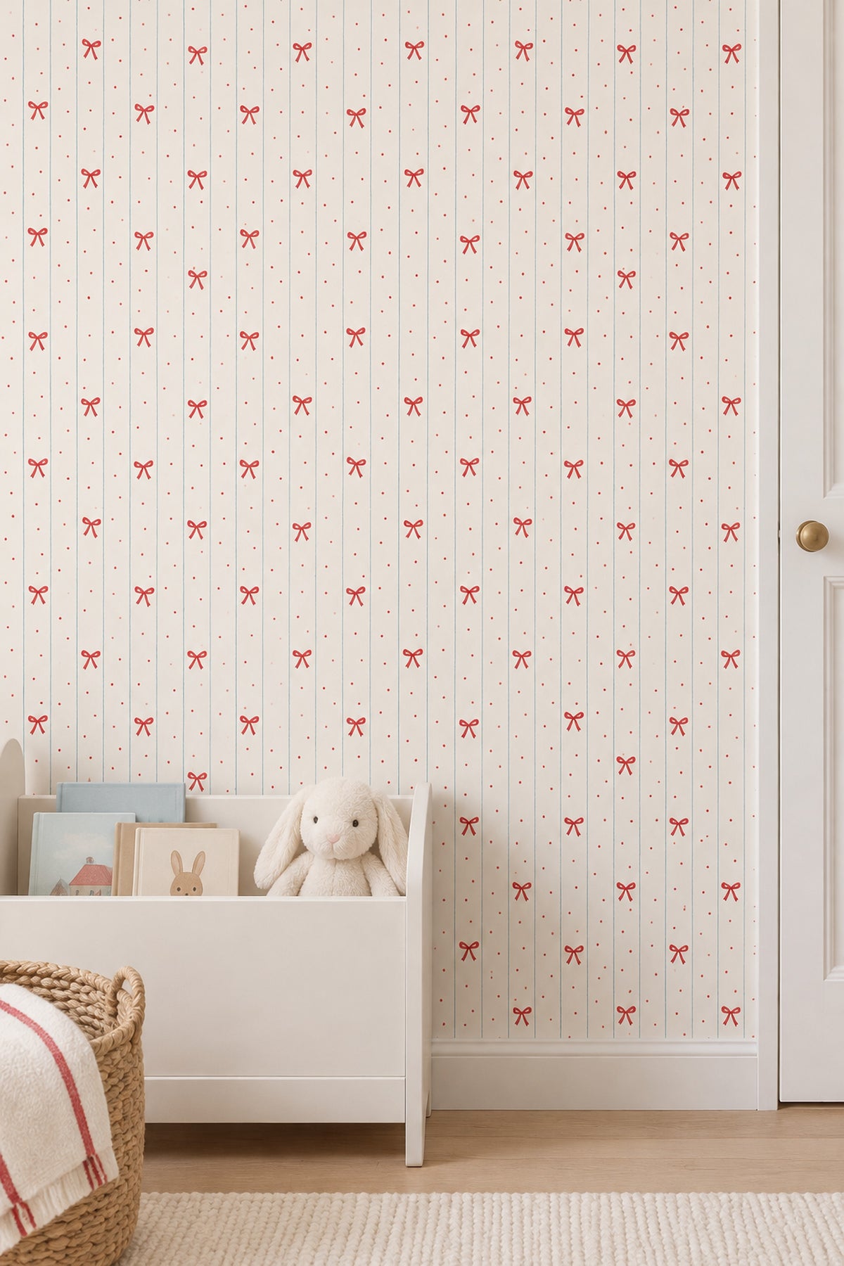 Red Bows Wallpaper With Blue Vertical Stripes And Polka Dots