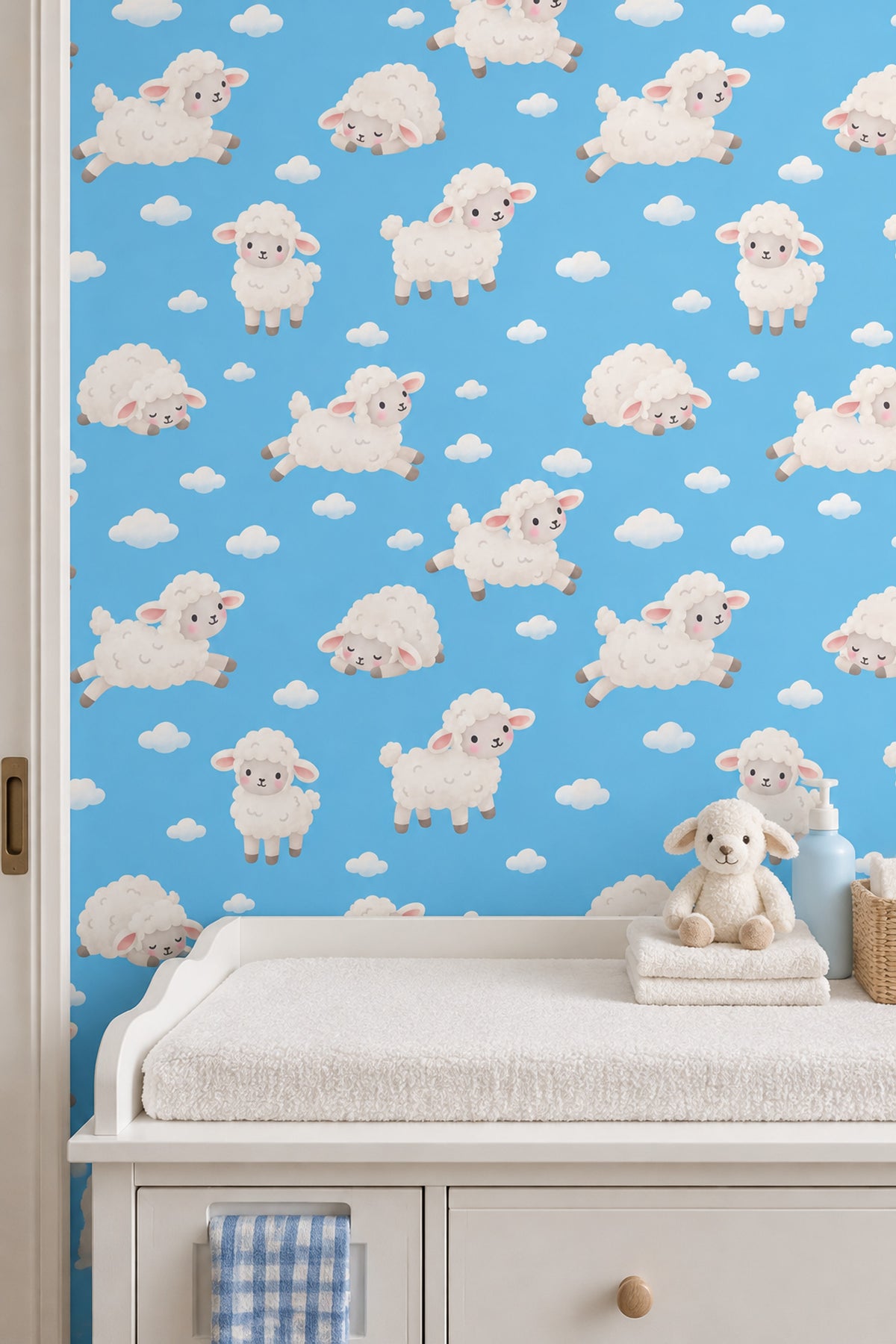 Cute Sheep Wallpaper Sky Blue Cloud Pattern