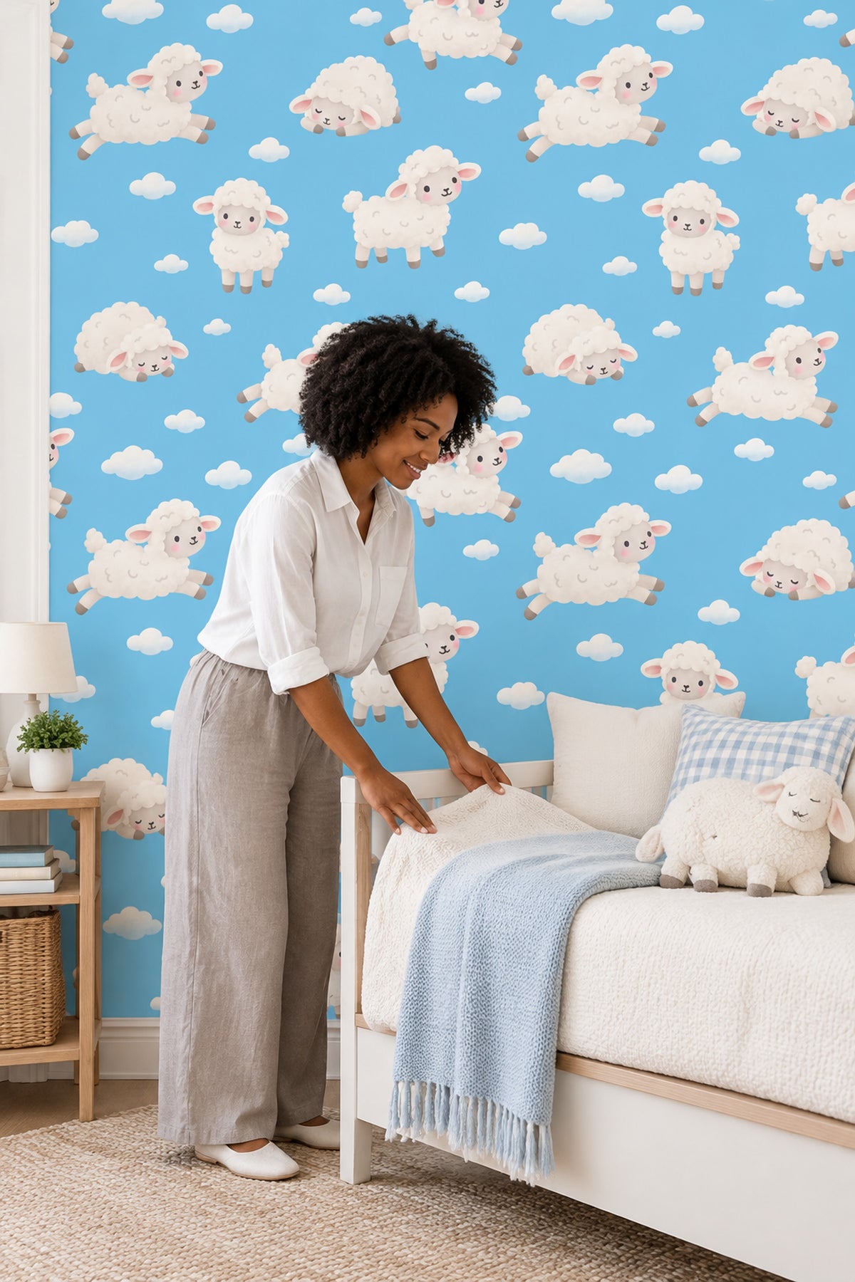 Cute Sheep Wallpaper Sky Blue Cloud Pattern
