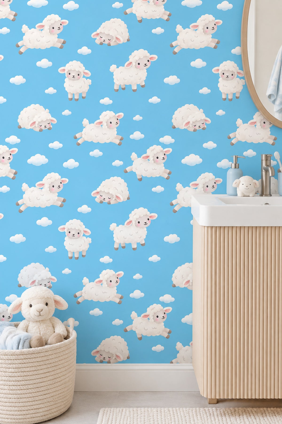 Cute Sheep Wallpaper Sky Blue Cloud Pattern