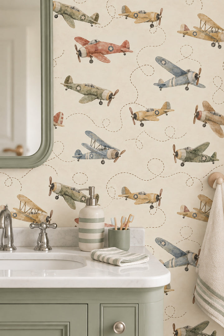 Vintage Inspired Airplanes Wallpaper Watercolor On Cream Background