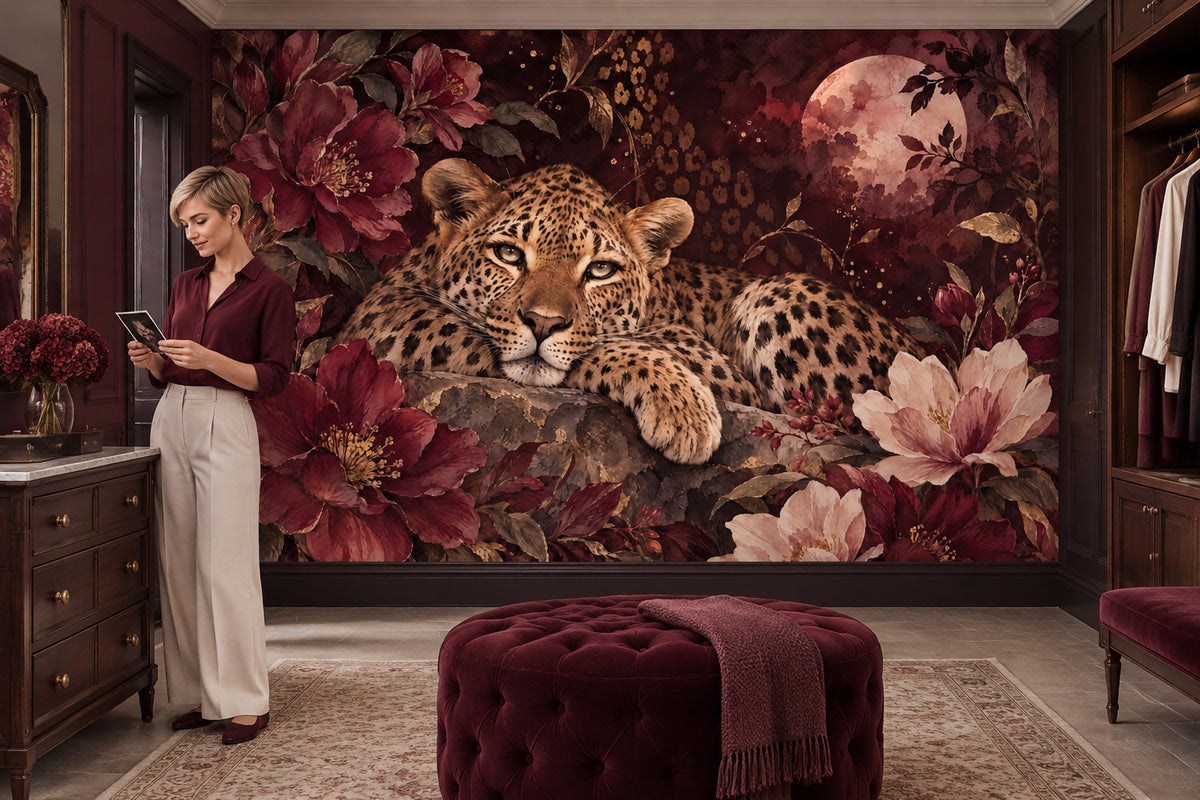 Reclining Leopard Wallpaper Mural, Dark Burgundy Florals And Moon