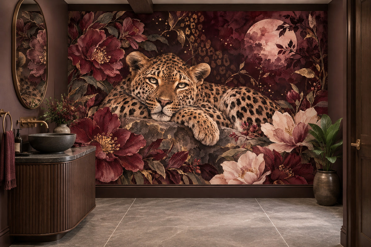 Reclining Leopard Wallpaper Mural, Dark Burgundy Florals And Moon