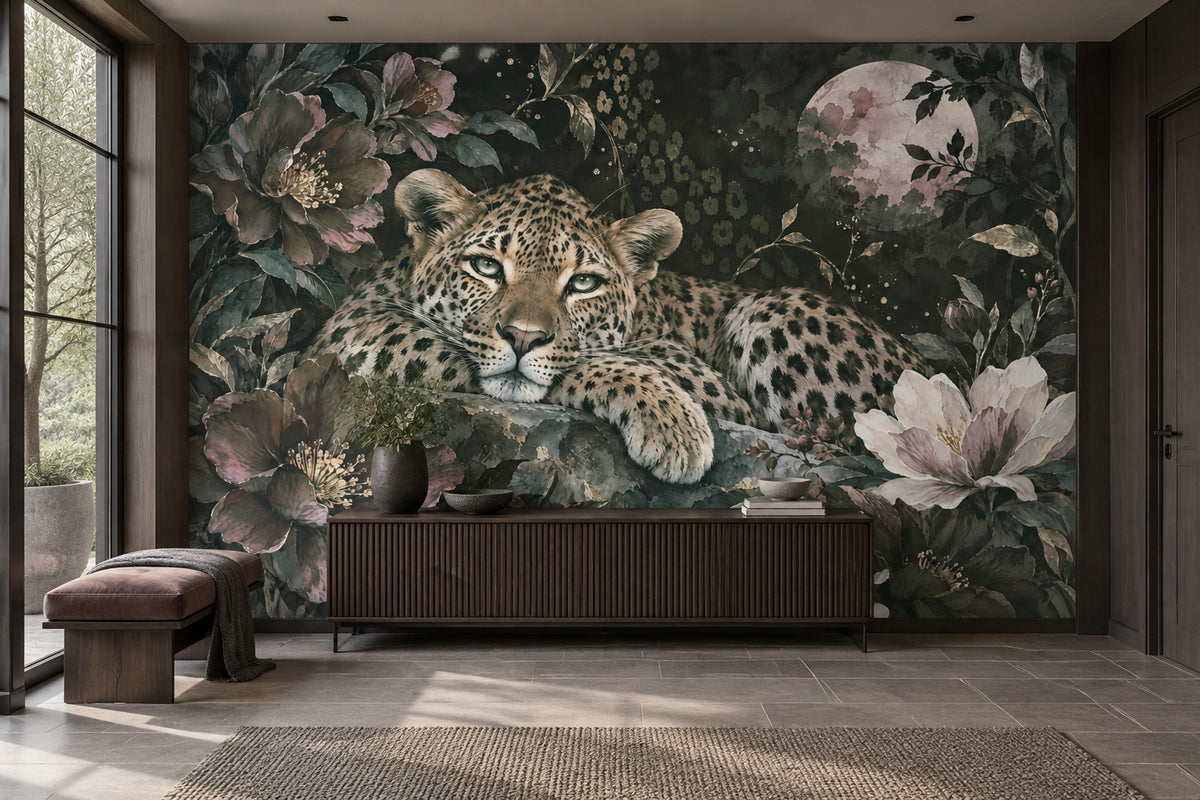 Moonlit Leopard Wallpaper Mural Dark Tropical Florals With Gold Accents