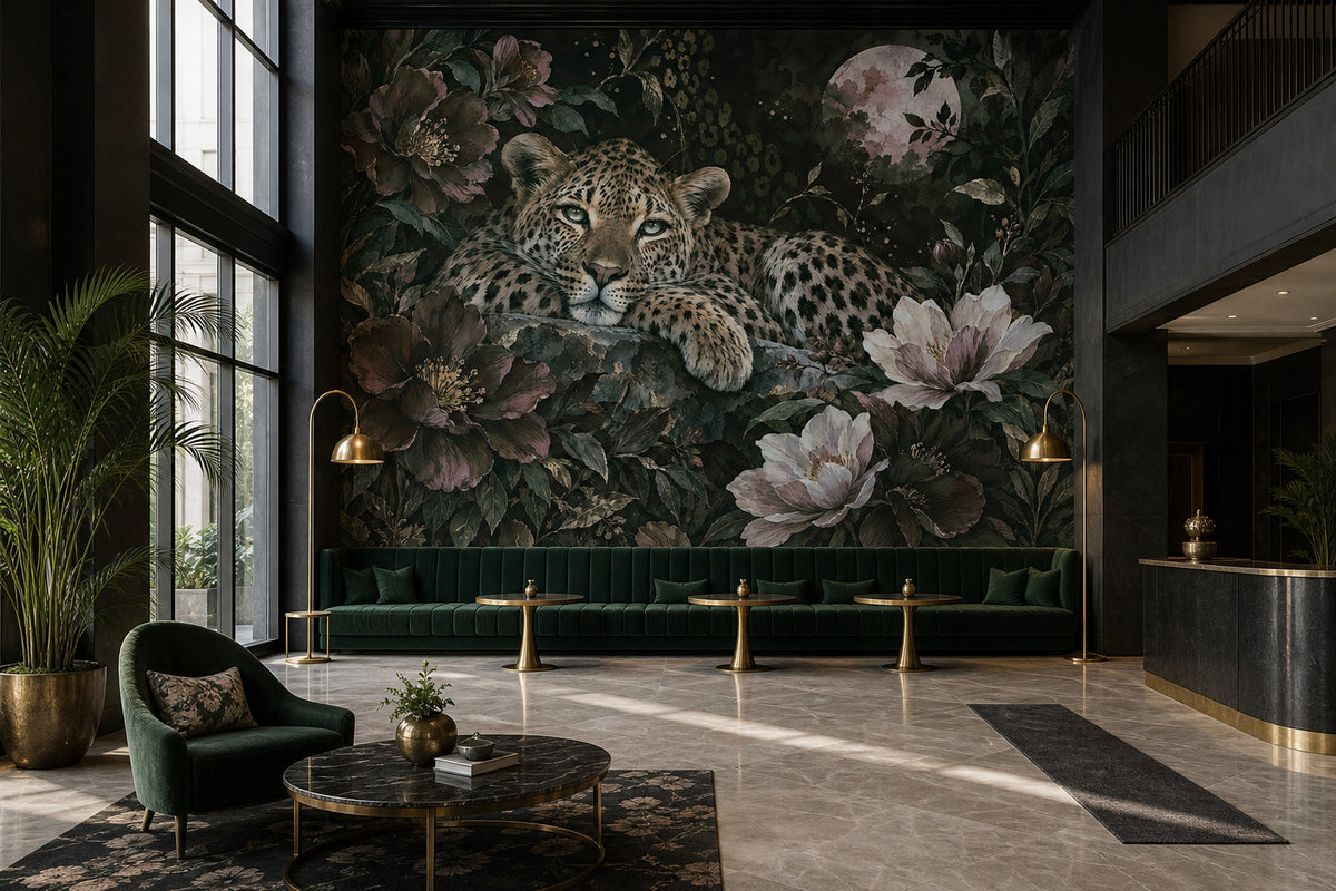 Moonlit Leopard Wallpaper Mural Dark Tropical Florals With Gold Accents