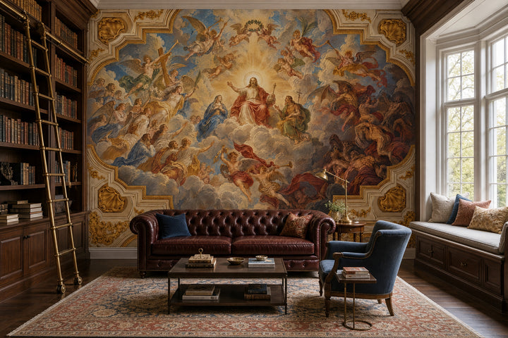 Jesus And Angels Baroque Fresco Wallpaper Mural: Ornate Gold Frame