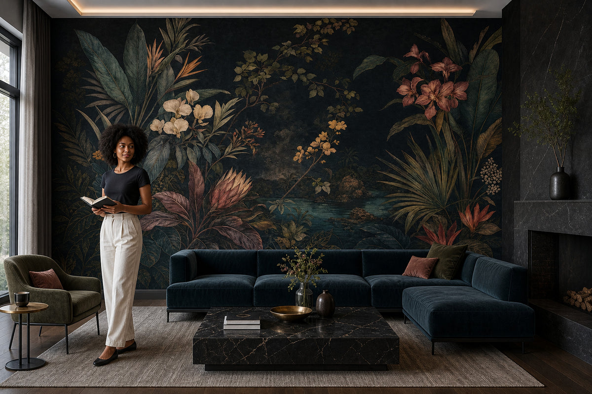 Dark Tropical Leaves Wallpaper Mural Vintage Inspired Botanical Jungle Landscape