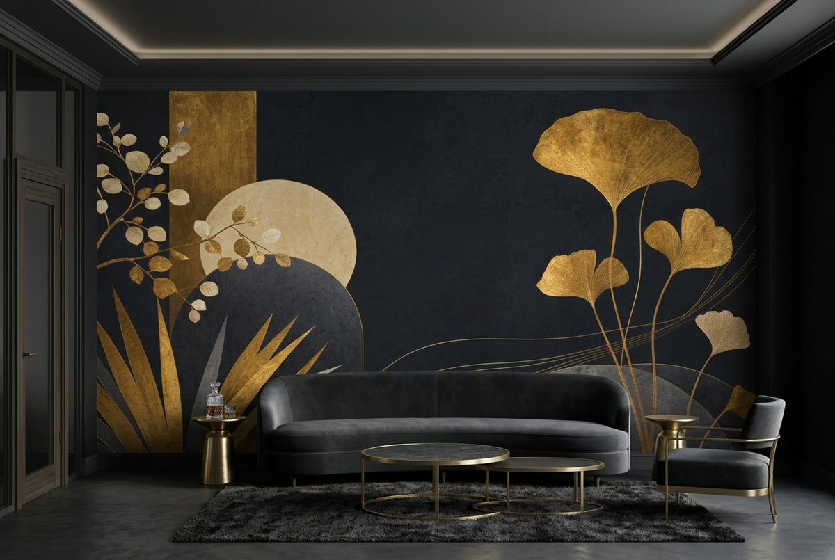 Gold Ginkgo Leaves Wallpaper Mural Art Deco Black Background