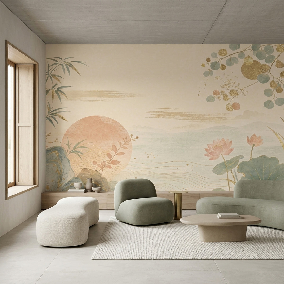 Lotus And Bamboo Wallpaper Mural Cream Chinoiserie Watercolor Landscape
