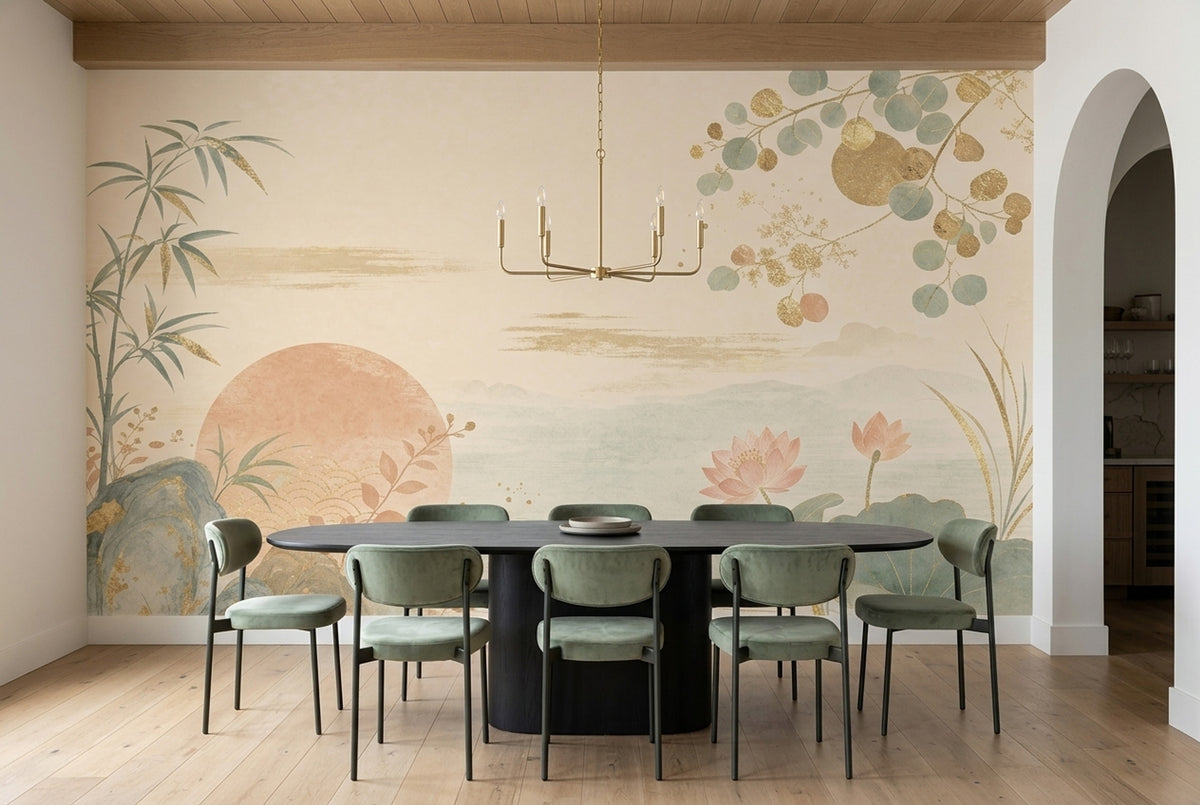 Lotus And Bamboo Wallpaper Mural Cream Chinoiserie Watercolor Landscape