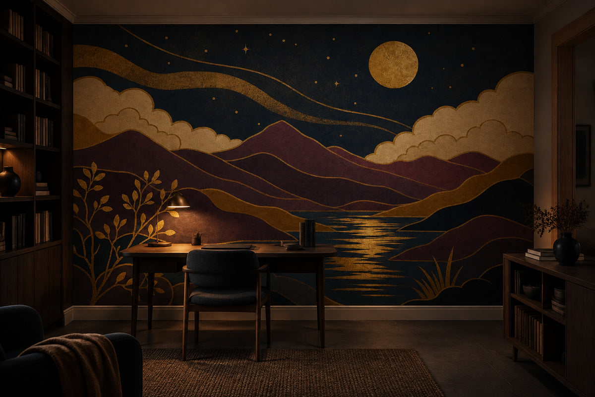 Golden Full Moon Scenic Landscape Wallpaper Mural Art Deco Navy