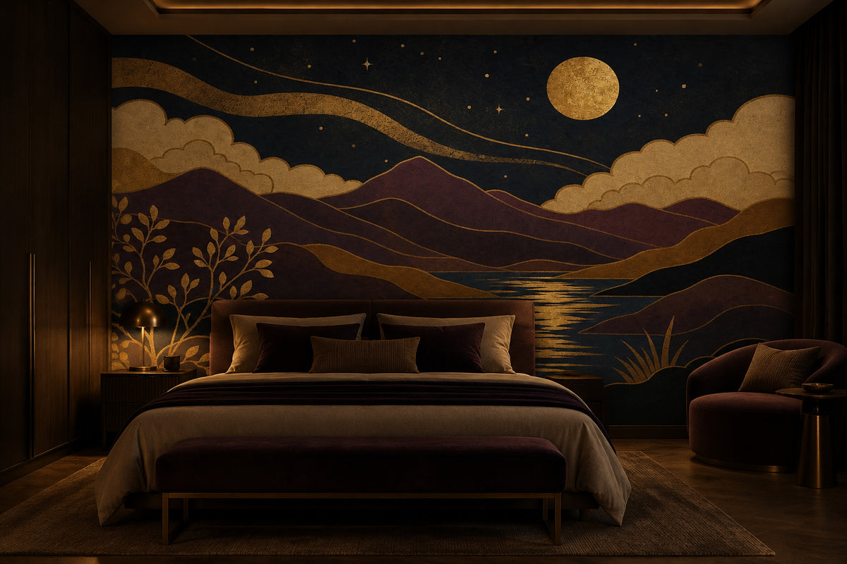 Golden Full Moon Scenic Landscape Wallpaper Mural Art Deco Navy