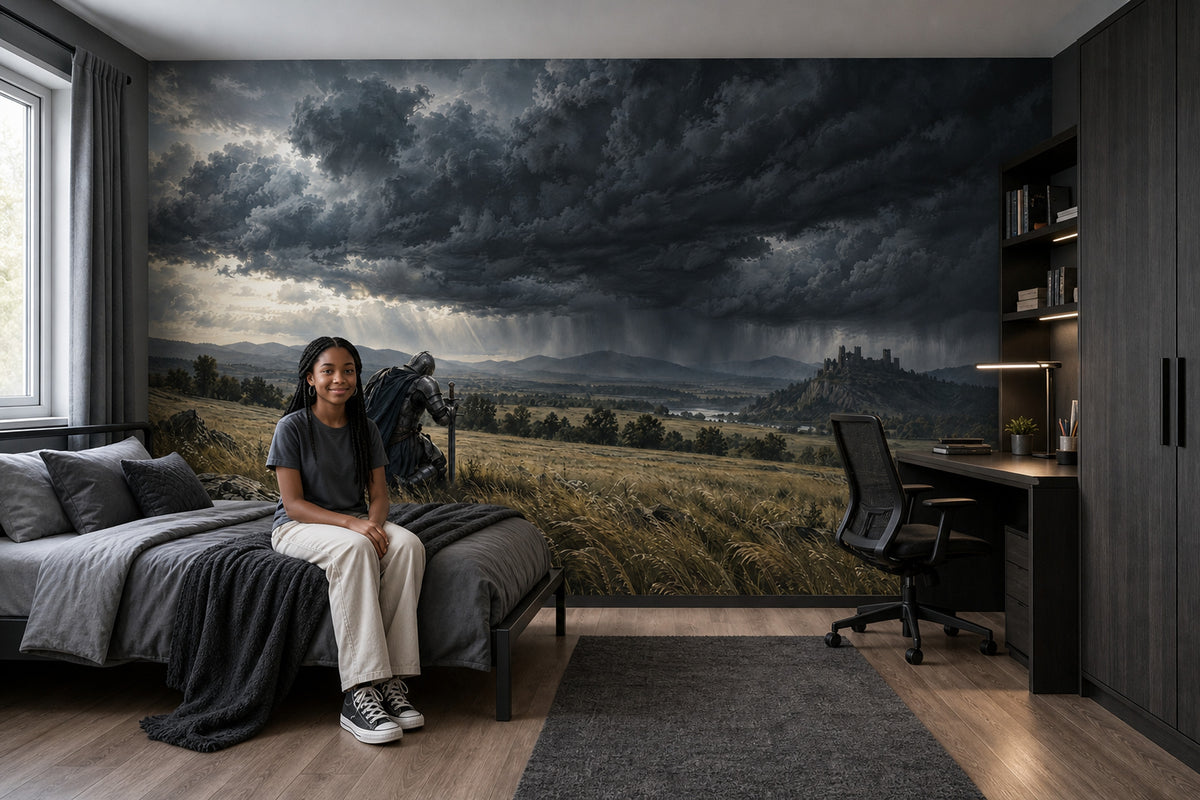 Kneeling Medieval Knight Wallpaper Mural, Dark Storm Cloud Fantasy Landscape