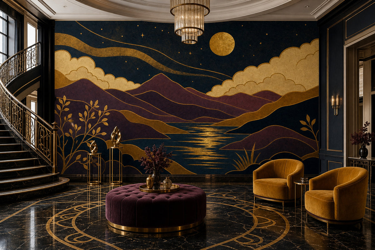Golden Full Moon Scenic Landscape Wallpaper Mural Art Deco Navy