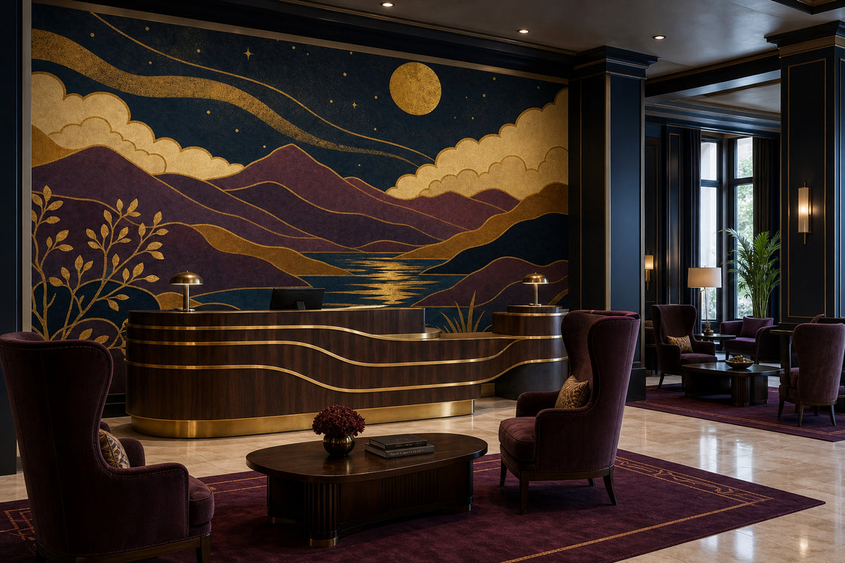 Golden Full Moon Scenic Landscape Wallpaper Mural Art Deco Navy