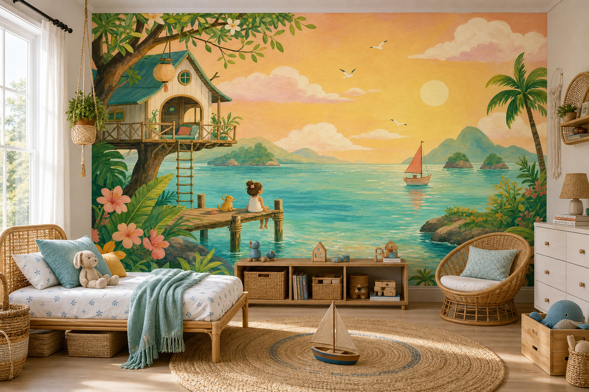 Tropical Treehouse Pier Wallpaper Mural Watercolor: Turquoise Ocean Sunset