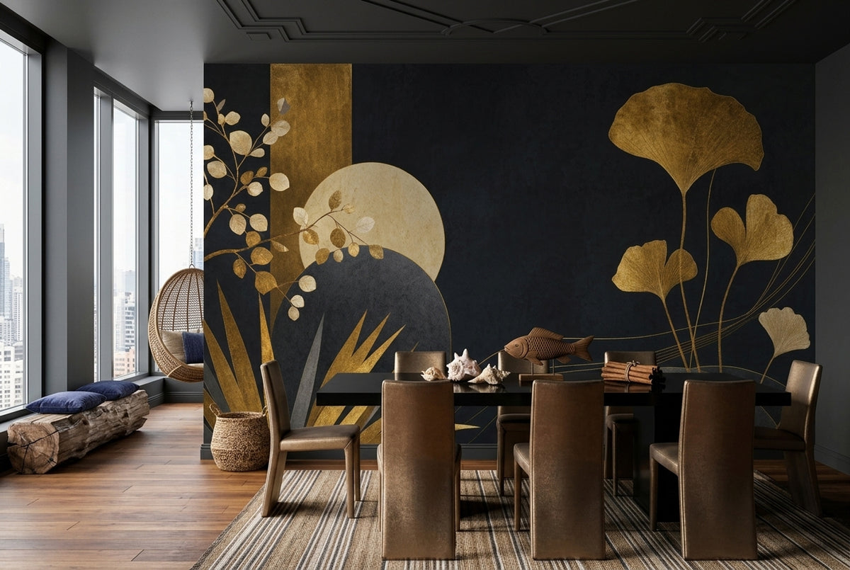 Gold Ginkgo Leaves Wallpaper Mural Art Deco Black Background