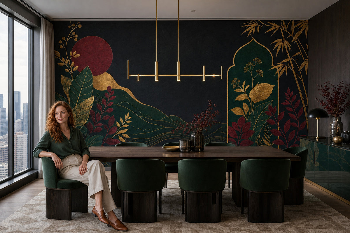 Gold Botanical Bamboo Wallpaper Mural Black Background With Burgundy Moon