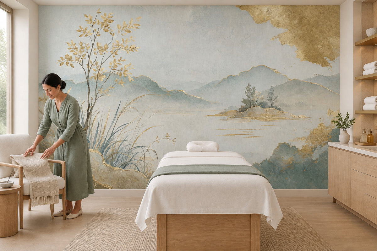 Misty Mountain Lake Tree Wallpaper Mural, Light Cream Watercolor With Gold Leaf