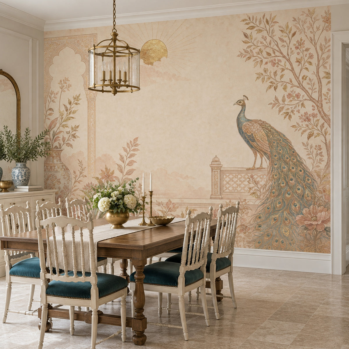Peacock And Ornate Vase Wallpaper Mural Light Beige Chinoiserie