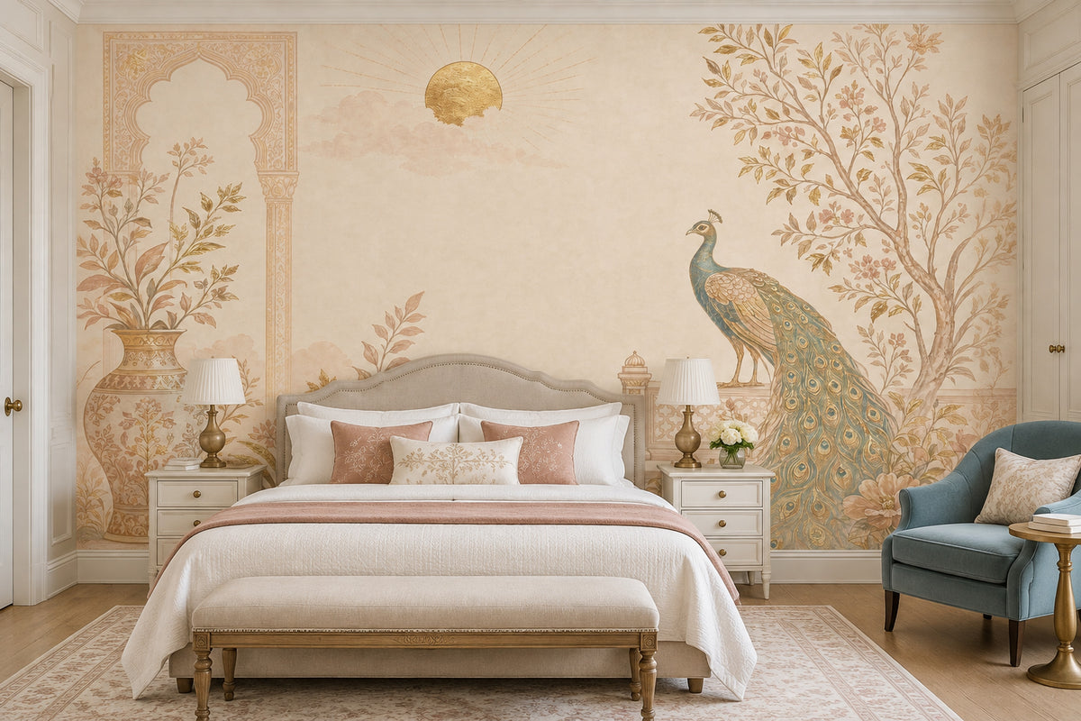 Peacock And Ornate Vase Wallpaper Mural Light Beige Chinoiserie