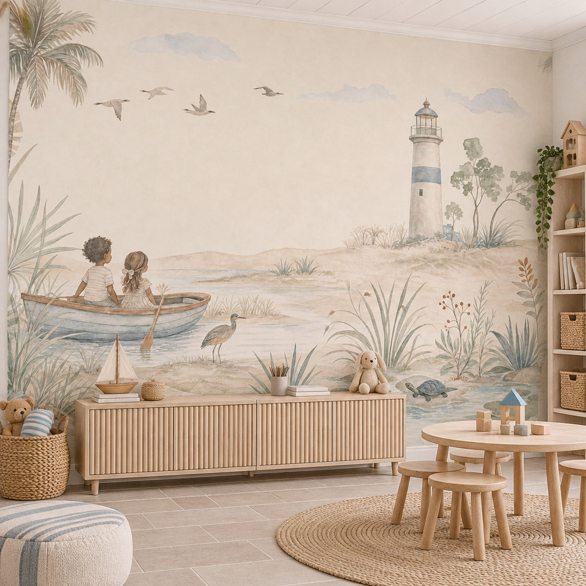 Watercolor Lighthouse Coast Wallpaper Mural Soft Pastel Children In Boat