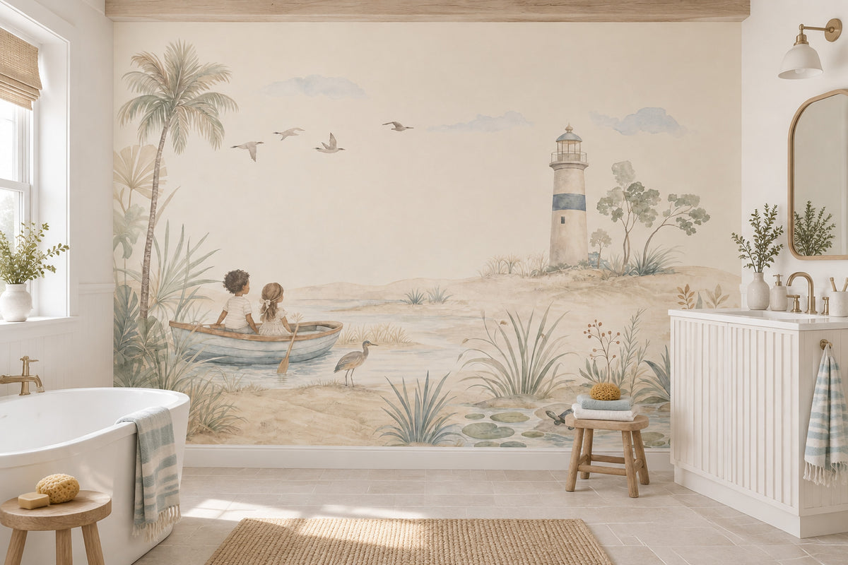 Watercolor Lighthouse Coast Wallpaper Mural Soft Pastel Children In Boat