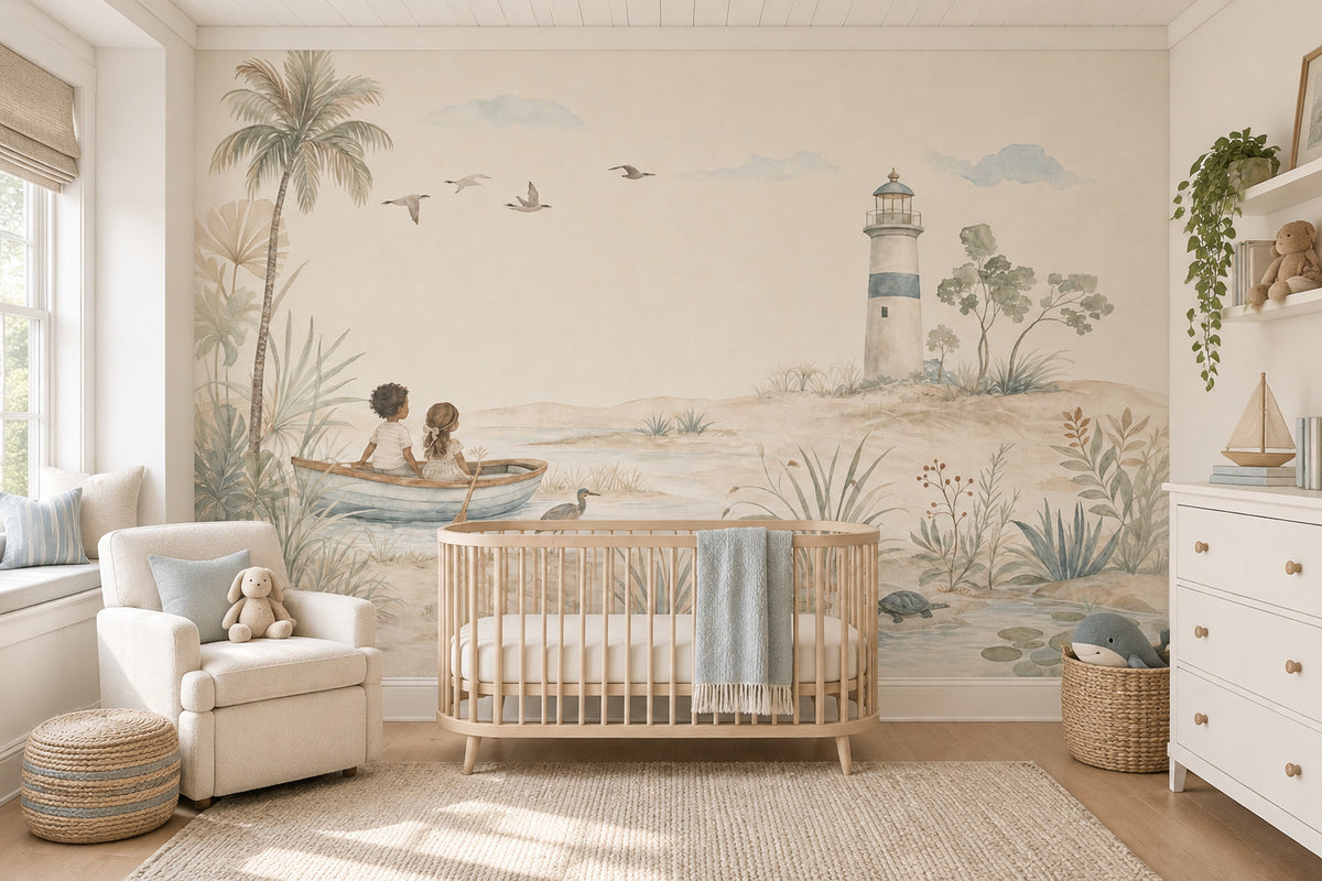 Watercolor Lighthouse Coast Wallpaper Mural Soft Pastel Children In Boat