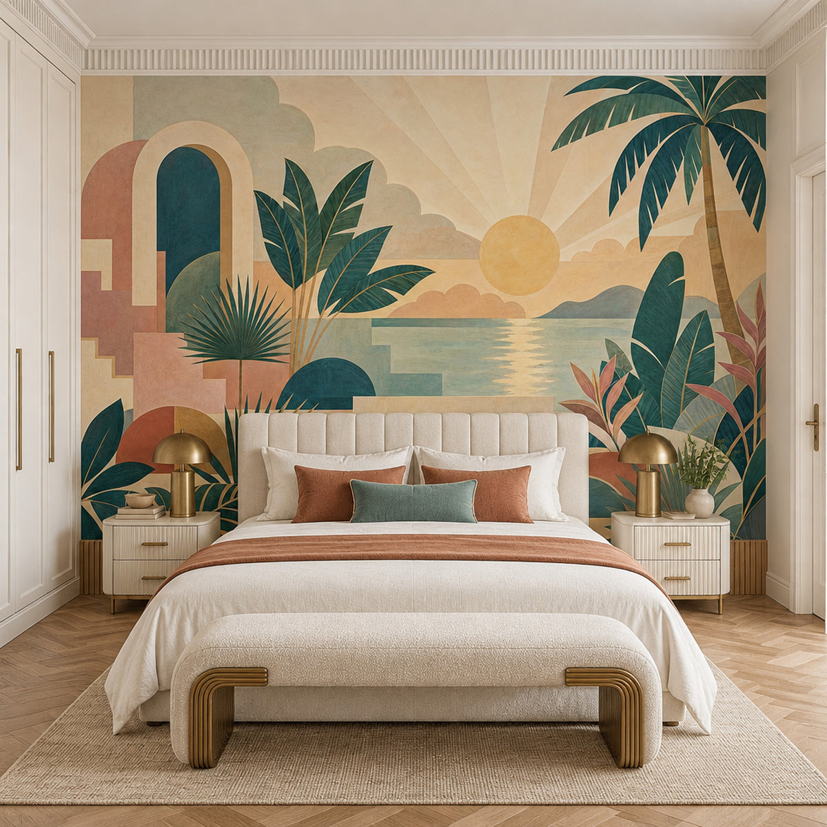 Tropical Sunset Archways Wallpaper Mural: Teal And Terracotta Retro