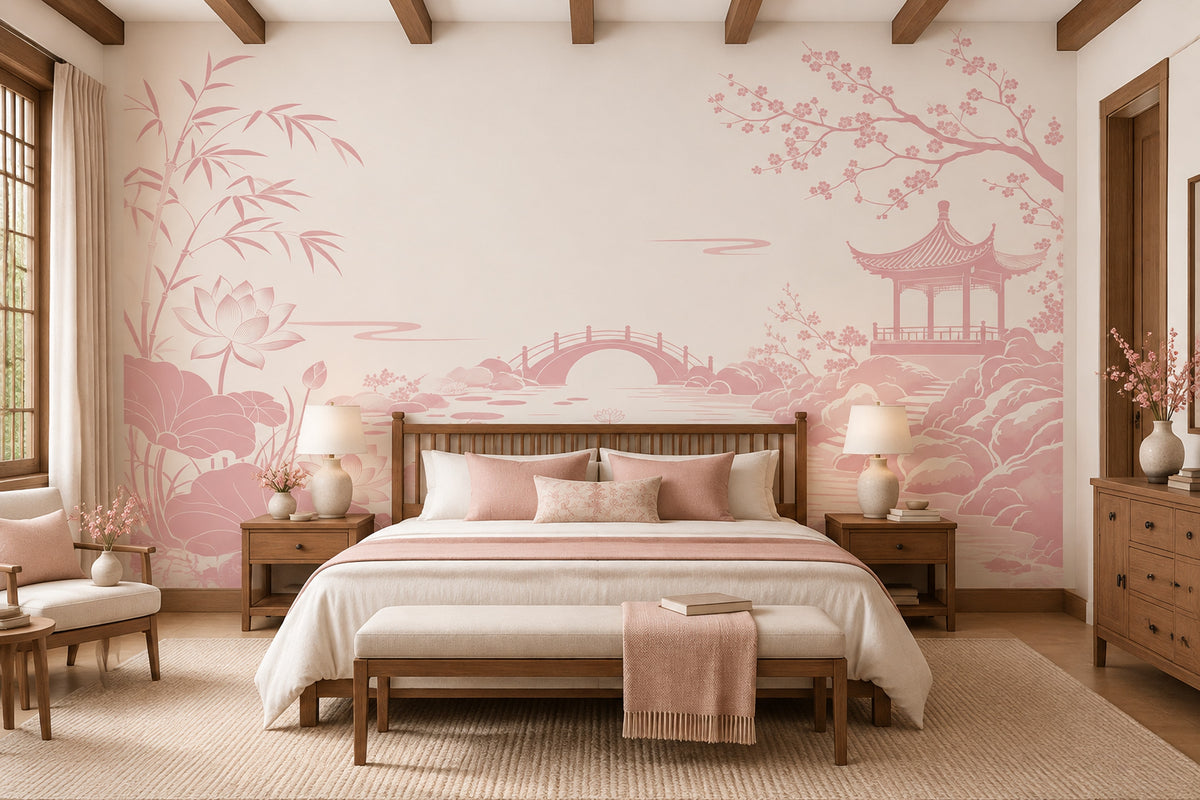 Sakura Garden With Pagoda Wallpaper Mural Cream Pink Chinoiserie