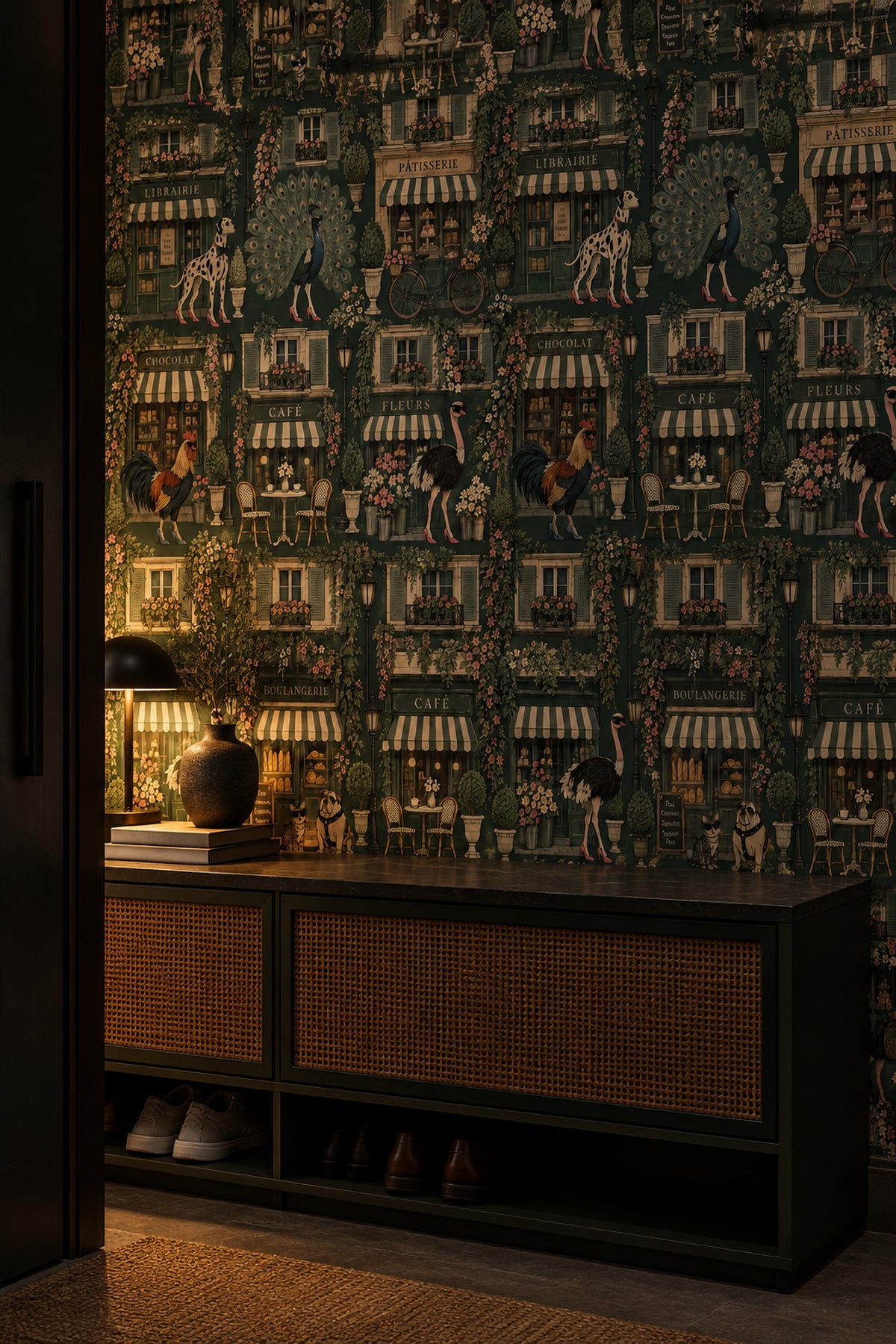 Whimsical Parisian Shops Wallpaper Dark Green Floral Vines