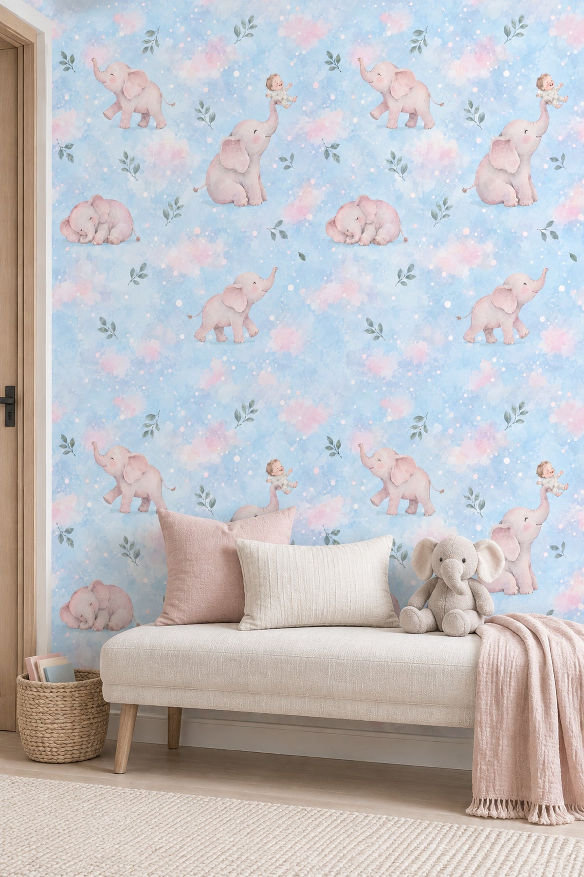 Pink Baby Elephants Wallpaper Pastel Blue Watercolor Clouds