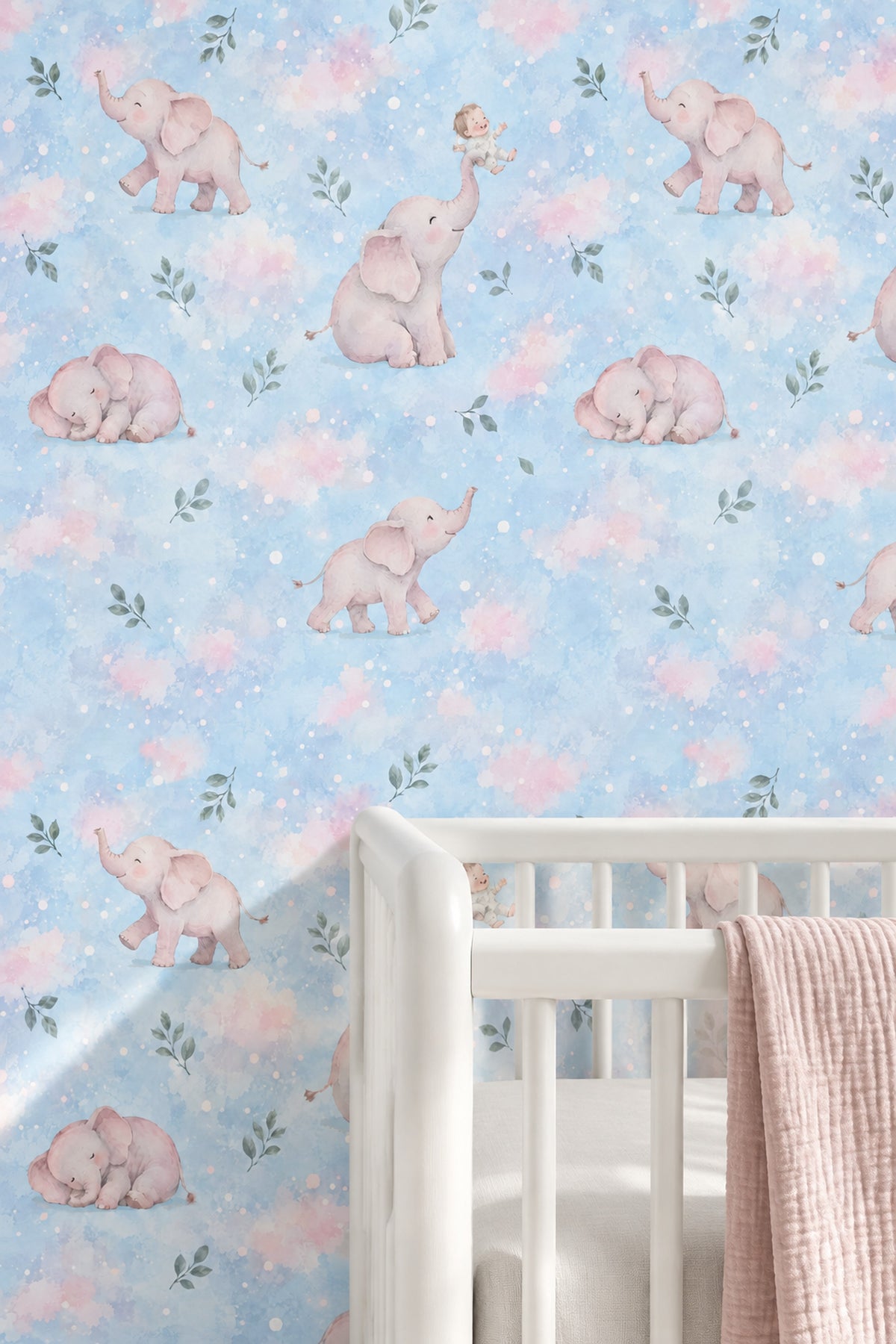 Pink Baby Elephants Wallpaper Pastel Blue Watercolor Clouds