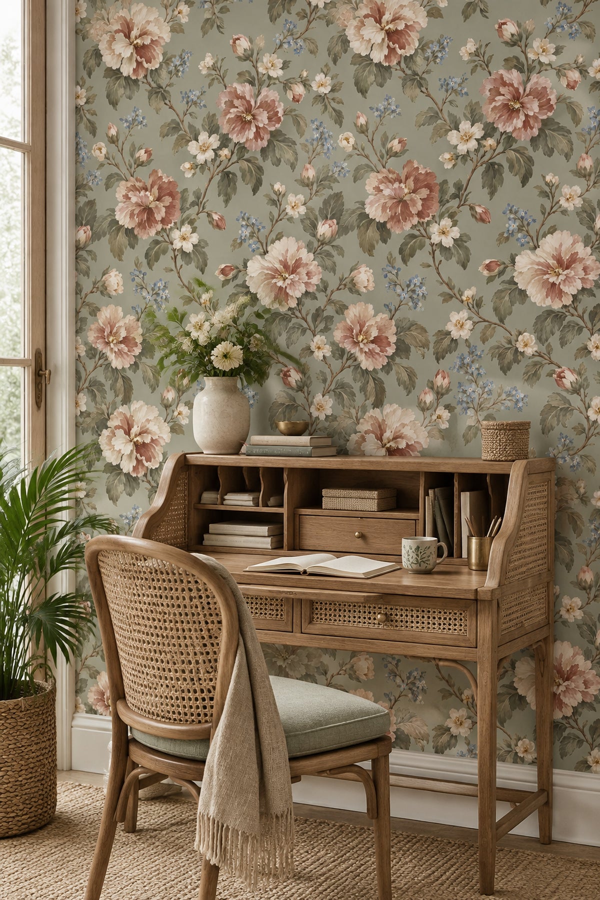 Pink And Cream Roses Wallpaper In Sage Green Vintage Inspired Botanical Pattern